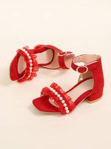 A Pair Of The Latest Summer Children's Faux Pearl Ruffled Hook And Loop High-Heeled Sandals - Red Design, Fashionable, Casual And Comfortable. It's An Excellent Choice For Shopping In The Mall, Summer Vacation, Daily Outings And Park Walks, And Can Be Easily Matched With All Kinds Of Children's Clothing. - Red - View 4