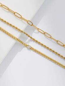 Nooxian 3件套女士手链套装，波西米亚夏季海滩风，包含镀金多层基础链、编织链、回形针链和镶嵌锆石的铜质多层叠戴手链，珠宝礼品 - 金黃色 - 查看 2