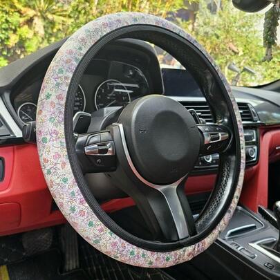 1pc Elastic PU Leather Steering Wheel Cover, Universal Fit For All Car Models, Round D-Shape, Suitable For All Seasons