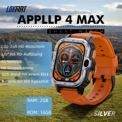 LOKMAT El reloj inteligente APPLLP 4 MAX cuenta con una pantalla HD de 2,02 pulgadas, soporte para tarjeta SIM 4G/5G, Wi-Fi, cámaras duales HD, notificaciones push, monitoreo de frecuencia cardíaca y un sistema operativo Android.