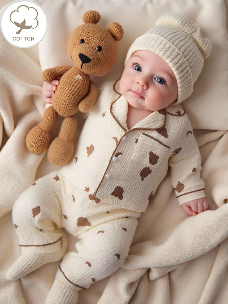 2pcs Newborn Baby Cute Bear Cotton Crepe Collar Long Sleeve Top And Bear Crepe Pants Set - Apricot - View 1