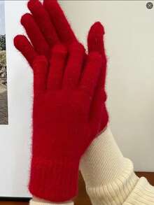 1 Pair Festive Cross-Border Gloves For Women, Winter Warm Thermal Lined, Solid Color Simple Fashion Cycling Five Fingers, Christmas Holiday - Red - View 3