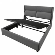 (=491011AAG) Upholstered Double Bed 140x200cm With Adjustable Headrests, Hydraulic Bed Frame With Storage, Linen Material Bed With Metal Slatted Base, Grey (Without Mattress) - Grey - View 9