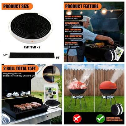 - Junta para ahumador, 1/2x 1/8 pulgadas, 15 pies de alta temperatura para parrilla de repuesto de fieltro autoadhesivo, cinta de alta temperatura para ahumadores, tapa de barbacoa, color
