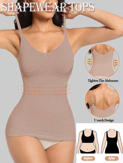 Woman Seamless Shapewear Bodysuits Tops Sports Base Layer Top For Women Tummy Control Vest Scoop Neck Ribbed Body Suit Body Shaping Stretchy Chest Support Compression Underwear Basic T Shirt Tops Women Shapewear Slips