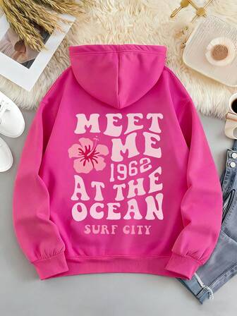 大码女式连帽衫，印有“海边相遇”字样，非常适合秋季和返校季穿着。