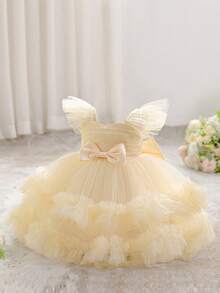 Baby Girls V-Neck Bow Ruffle Mesh Cute Wedding Dress, Suitable For Birthday Party, Excluding Headband - Champagne - View 3