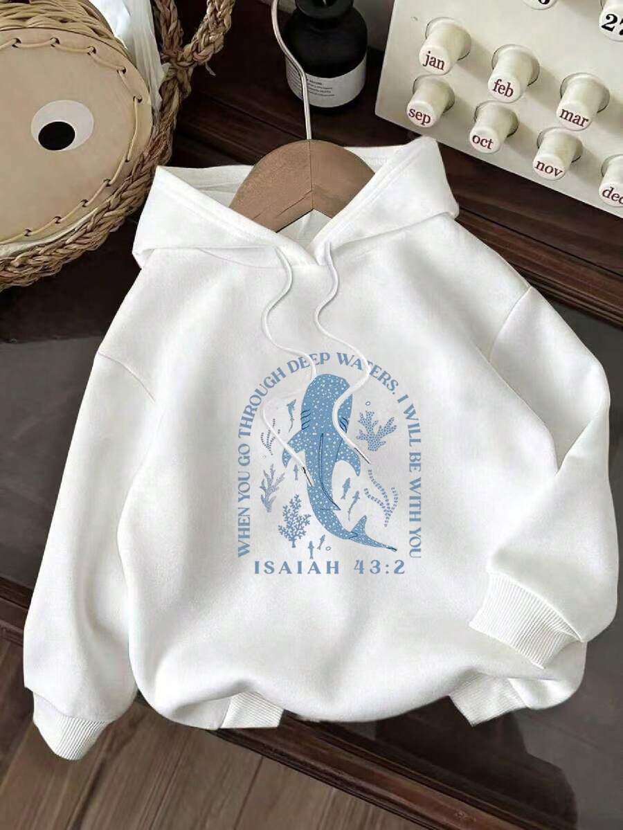 Women's Black Patterned Hoodie With Isaiah 43:2 Bible Verse And Marine Life Design, Drawstring Casual Hoodie, Soft Machine Washable Fabric, All-Season Comfort, Machine Washable Top|Motivational Clothing|Comfortable Wear, Sweater Hoodie - 白色 - 查看 1