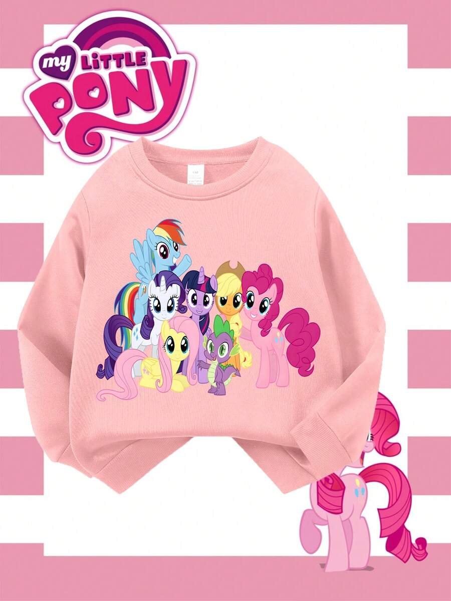[Authorized By My Little Pony Shou] Cute Pony Polly T-Shirt, Soft Polyester Fabric, Winter Clothes Suitable For Boys And Girls, Casual Style And Fashion Street Girls, Summer, Parties, Outdoor And Autumn And Winter Travel. - 藕粉色 - 查看 1