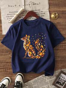 1件女童休闲印花圆领短袖T恤，夏季学生少女装 - 简约英文字母风格T恤，激发想象力和自我表达 - 藏蓝色 - 查看 2