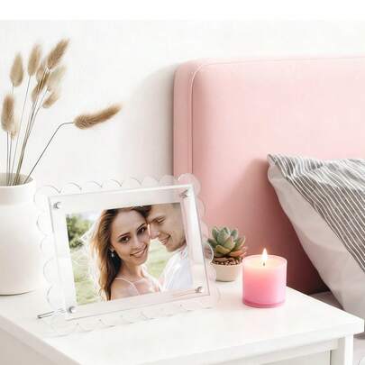 1 pieza Marco de fotos acrílico en forma de abanico, transparente y magnético con tornillos, para exhibición de sobremesa independiente