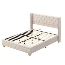 Upholstered Bed 140*190cm With Slatted Base And Headboard, Button And Rivet Upholstery, Wooden Legs, Linen, Beige - Beige + Linen - View 2