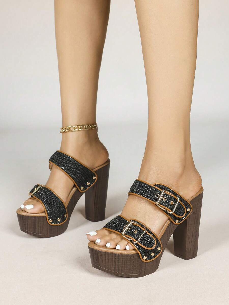 Women Fashion Chunky Platform Block High Heel Summer Sandal With Ankle Strap And Stud Peep Toe Mule Sandals Heel Shoes - 黑色 - 查看 1