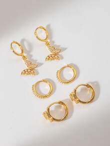Conjunto de 6 brincos elegantes em cobre banhado a ouro 18K com pingentes de borboleta em zircônia artificial, perfeitos para uso diário e como presente para amigas em datas comemorativas e aniversários. - Ouro amarelo - Ver 5