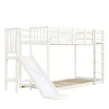 Wooden Bunk Bed With Ladder And Railing, With Curtain, Slide, Children's Bed With Fall Protection And Railing, MDF+Pine, White, 90x200cm - 白色 - 查看 3