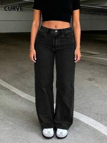 Women Plus Size Classic Solid Color Straight Leg Jeans, Fashionable Versatile Slim-Fitting - Black - View 1