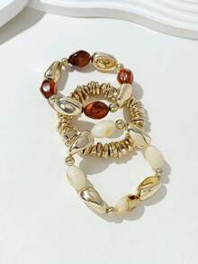 3pcs Set Fashion Vintage Exaggerated Bohemian Thick Multi-Layer Acrylic Beaded Bracelets For Women - Multicolor GJ - View 4