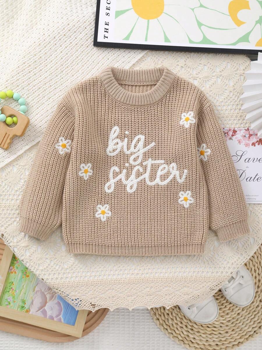 Girls Knitted Sweater With Delicate "Big Sister" Embroidery And White Floral Pattern, Soft And Warm