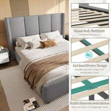 140 X 200 Cm Stylish, Modern Upholstered Bed Frame, High Headboard And Footboard, Certified USB Port, Combination Of Iron Frame And Wooden Board, Stable And Durable, Grey - Dark Gray - View 3