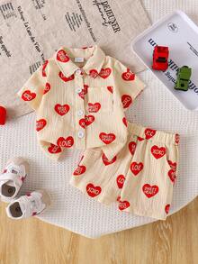 2pcs Baby Boy Casual Heart Pattern Short Sleeve Shirt + Shorts Set, Holiday Spring/Summer - Apricot - View 1