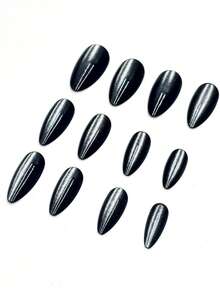 24 piezas de calcomanías de uñas de ojo de gato, forma de almendra mediana, color negro, reutilizables, uñas postizas de cobertura completa, estilo minimalista, acabado brillante, adecuadas para mujeres y niñas, uso diario - Negro - Ver 2