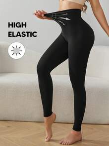 女士高腰无缝塑形收腹瘦身打底裤 - 黑色 - 查看 1