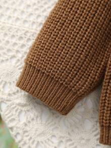 Infant Girls' Knitted Sweater With Delicate "Big Sister" Embroidery And White Floral Pattern, Soft And Cozy - Brown - View 6