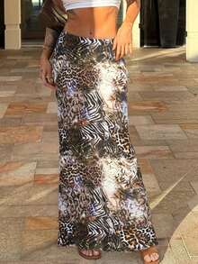 假日动物印花紧身半身裙 Y2K 基本款修身低腰直筒裙 女装夏季时尚街头服饰 - 棕色 - 查看 1