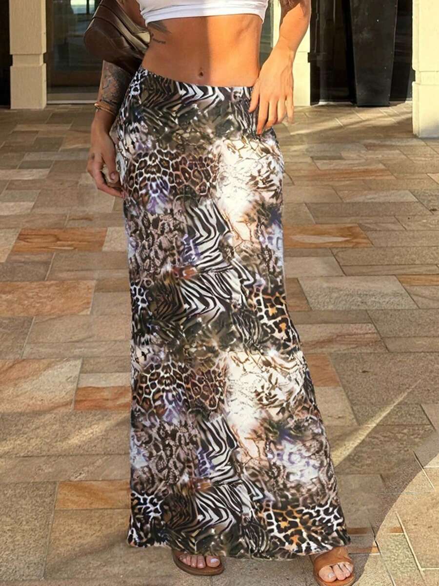 假日动物印花紧身半身裙 Y2K 基本款修身低腰直筒裙 女装夏季时尚街头服饰 - 棕色 - 查看 1