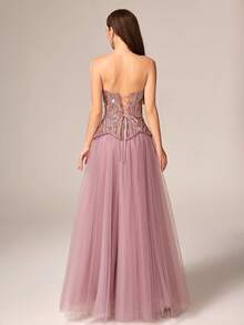 VIPGIRL Đầm dạ hội dài, sang trọng, không dây vai, dáng xòe, chất liệu lưới, đính sequin, điểm nhấn là các chi tiết sequin tương phản. - Hồng - Xem 2