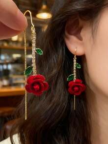 2 Pcs Gold-Plated, Diamond-Encrusted Red Rose Earrings. Simple And Stylish Design, Suitable For Everyday Wear, Parties, Or As A Small Gift For Friends And Family. - Multicolor - View 1