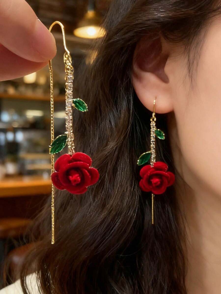 2 Pcs Gold-Plated, Diamond-Encrusted Red Rose Earrings. Simple And Stylish Design, Suitable For Everyday Wear, Parties, Or As A Small Gift For Friends And Family. - Multicolor - View 1