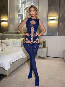 Women's Multi-Color Lace Bodystocking | Off-Shoulder Fishnet Crotchless Bodysuit | Coquette Aesthetic Valentine's Day Seductive Lingerie & Bikini Cover-Up | Y2K Aesthetic Going Out Outfit - 藏蓝色 - 查看 3
