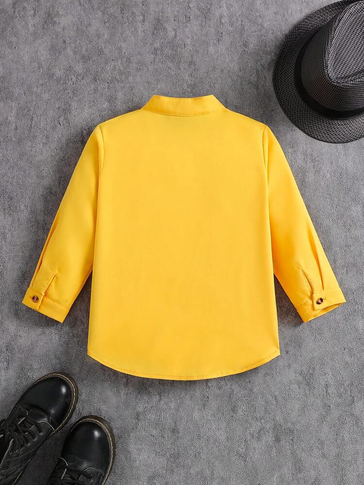 Camisa de manga larga con bolsillo y botones de unicolor para niños, con cuello Mao elegante, adecuada para salidas, fiestas, uniformes escolares en todas las estaciones, Día de San Valentín - Amarillo - Añade 2