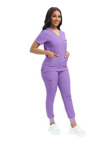 Women's Workwear Set - V-Neck Top And Sports Pants With Zipper Side Pockets, Anti-Pilling Breathable Uniform