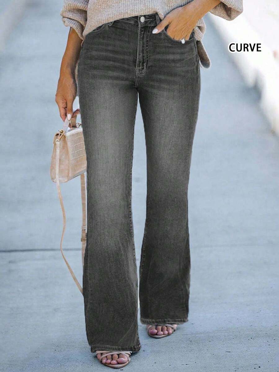 Quần jeans ống loe màu sáng tối giản cơ bản cỡ lớn, thích hợp để đi lại quanh năm - Xám - Xem 1