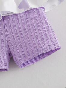 2 pièces/Set Tenue décontractée et douce pour bébé fille, Top sans manches à imprimé cœur avec double volant et nœud, short unicolore confortable. Ensemble d'été - Parme - Voir 9