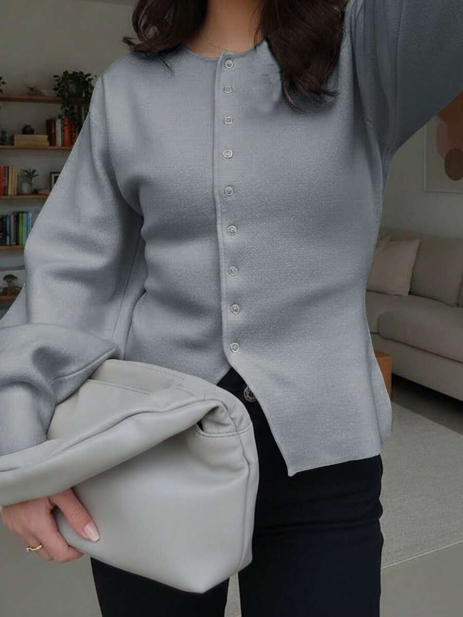 女士秋冬新款法式浪漫休闲百搭简约优雅针织开衫 - 灰色 - 查看 1
