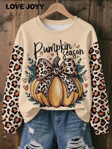 Sudadera con estampado de lazo de leopardo y calabaza LOVE JOYY, top de manga larga cómodo y colorido para uso al aire libre, otoño