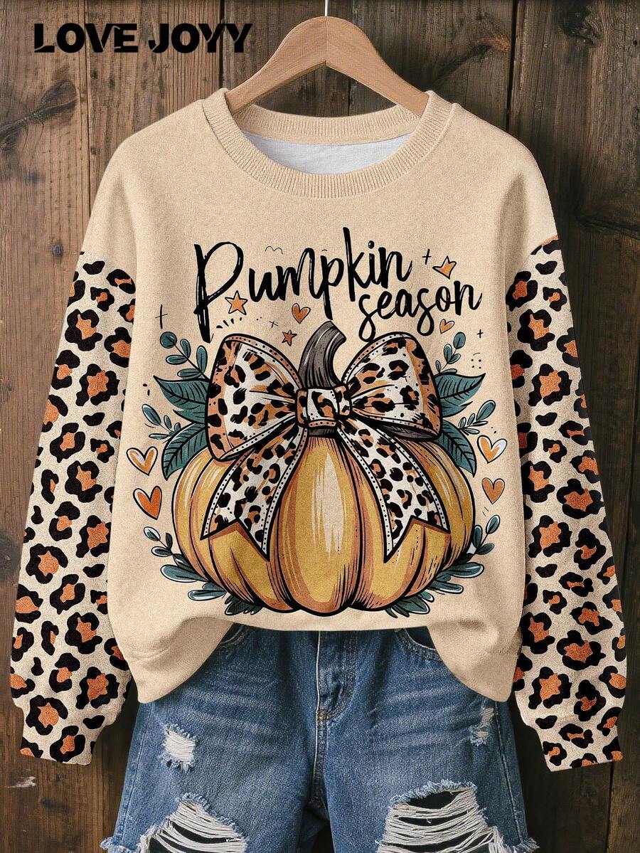 Sudadera con estampado de lazo de leopardo y calabaza LOVE JOYY, top de manga larga cómodo y colorido para uso al aire libre, otoño
