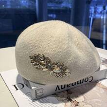 1 Piece Retro Rhinestone Flower Beret - Hepburn Style Newsboy Cap For Women, Face-Slimming Painter Hat Suitable For Reverse Wear, Autumn & Winter Fashion, Suitable For Daily Wear, Valentine's Day Gift, Holiday Gift, Birthday Gift For Girlfriend & Friends, Fashionable Elegant Cute Unique Niche - 卡其(秋冬) - 查看 10
