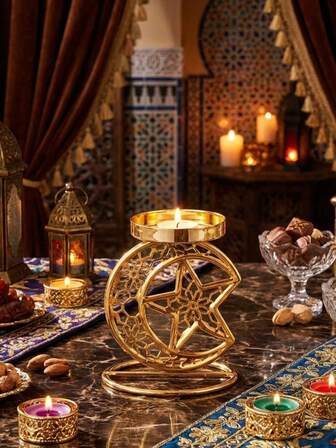 1 pieza/Set Soporte de vela hueco de metal con luna y estrella. Adecuado para espacios domésticos diarios como rincones de escritorio, tocadores de dormitorio y mesitas de noche, así como para espacios comerciales como cafeterías, B&B, pastelerías y floristerías para decoración. Excelente para días festivos.