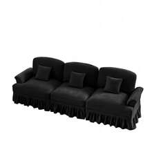 Canapé 3 places d'inspiration mid-century en chenille noire - Élégance rétro avec ses accoudoirs entonnoir, sa jupe à volants amovible et ses pieds fuseau emblématiques - défaut - Voir 10