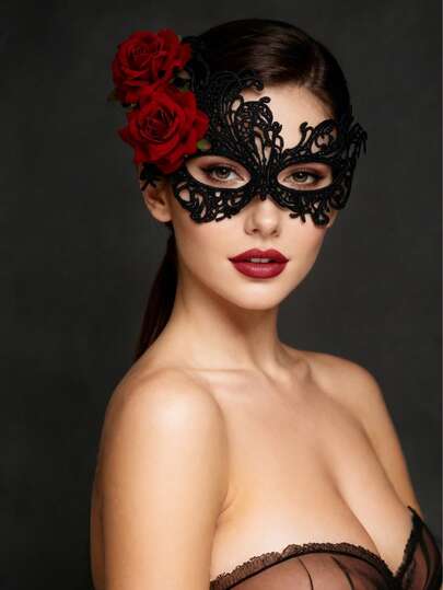 Máscara de encaje negro y rosa roja estilo palacio vintage, accesorio de disfraz sexy para baile de máscaras, pareja, cita, máscara delicada como accesorio de disfraz para el Día de San Valentín