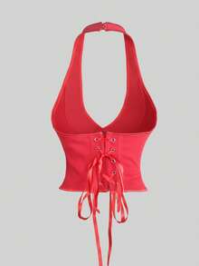 Yuwenier 复古嘉年华性感V领黑色束身吊带背心，金属环前系带，露背设计塑身衣，适合万圣节派对、夜店、嘉年华、音乐节、婚礼季等休闲夏季场合。 - 紅色 - 查看 5