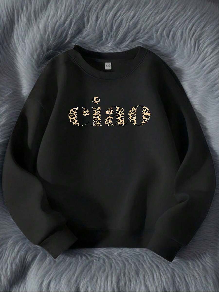' Leopard Print Ciao Italian Letter Sweater - Winter Warm Long Sleeve Round Neck Sweater Vest With Golden Ciao! Text & Leopard, Casual & Playwear (Black) - màu đen - Xem 1