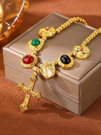 1pc Women's Fashion Jewelry, Vintage Palace Style 18K Gold-Plated Asymmetrical Geometric Pendant Necklace, Multi-Color Cross Charm Necklace, Retro Elegant Luxury, Suitable For Vacation, Party, Holiday Gift And Daily Wear, Velvet Bag Packaging