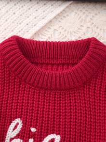 Infant Girls' Knitted Sweater With Delicate "Big Sister" Embroidery And White Floral Pattern, Soft And Cozy