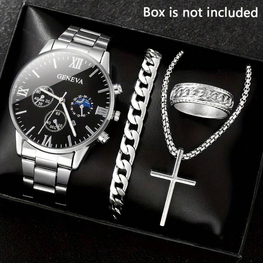 Men's 4pcs Fashion Set: Quartz Watch With Calendar, Silvery Cross Pendant Necklace & Ring Bracelet - Zinc Alloy Band, Non-Waterproof, Analog Display - Bạc - Xem 1