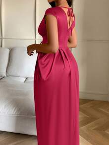 Amarilo 女士新款秋冬优雅派对、晚宴、婚礼、情人节金色V领褶皱缎面泡泡裙 - 玫紅色 - 查看 3